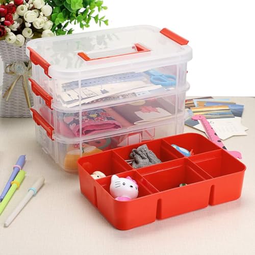 Image of plastic boxes for Storage transparent boxes, Portable & Stackable Space Saving Organiser with Lid for, Jewelry, Arts & Crafts, Buttons, Beads (Red, 2 TIER WITH 1 TRAY)