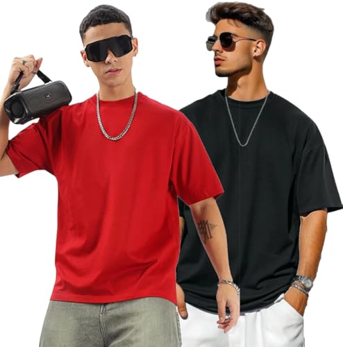 Image of Oversized Drop Shoulder Half Sleeves Round Neck Solid Pure 100% Cotton T-Shirt for Men Pack of 2