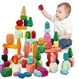 RunHero 58 Stück Stapelsteine Balanciersteine Montessori Holz Bauklötze Spielzeug für Kinder Stapelturm Grimms Holzbausteine Stapelsteine Motorikspielzeug Geschenk für Baby ab 1 2 3 4 5 6 7 8 Jahr