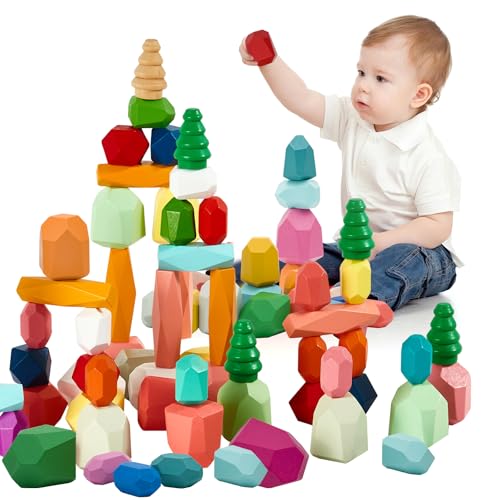 RunHero 58 Stück Stapelsteine Balanciersteine Montessori Holz Bauklötze Spielzeug für Kinder Stapelturm Grimms Holzbausteine Stapelsteine Motorikspielzeug Geschenk für Baby ab 3+ Jahr