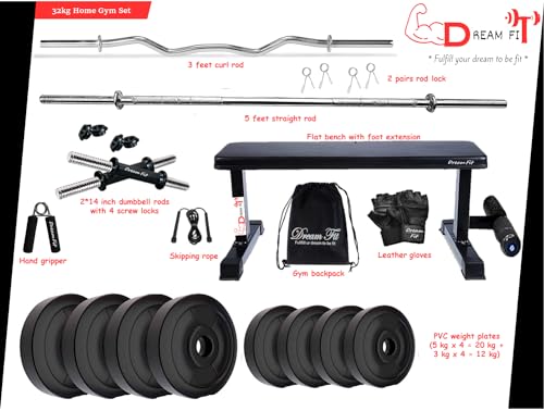 Image of DREAM FIT PVC Home Gym Set - 32 kg with 1 Flat Bench with Foot Extension, 3 ft Curling Rod, 5 ft Straight Rod, 1 Pair Dumbbell rods and Gym Accessories (32kg)