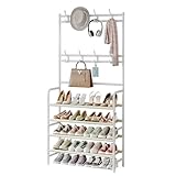 YIZAIJIA Coat Rack Shoe Rack With Storage Shelf Freestanding with 8 Hooks for Entryway Bedroom Closet (White, 4Tiers)