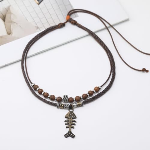 Leather Men Necklace Double Layers Braided Tribal Vintage Style Necklace Boho Hipppie Beaded Artificial Fish Bone Pendant Necklace for Christmas Gift2