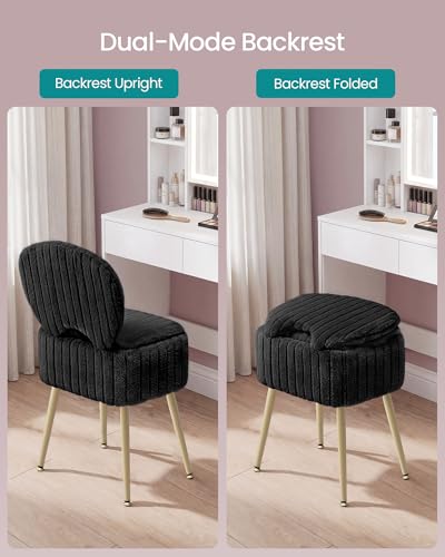 Image of SONGMICS Small Vanity Chair with Storage and Folding Back, Vanity Stool, Footrest Footstool Ottoman, Dressing Table Stool, Furry Padded Seat, for Makeup Room, Bedroom, Ink Black ULOM532BH01