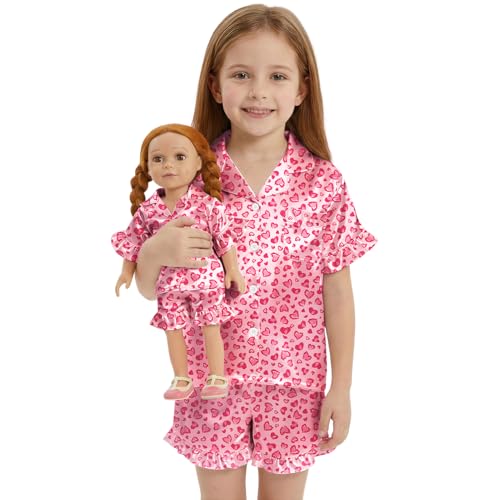 ICOSY Matching Doll & Girls Silk Pajamas Satin Pjs for Girls Button-Down Top and Shorts for 18 Doll Girl Clothes Rose Pink
