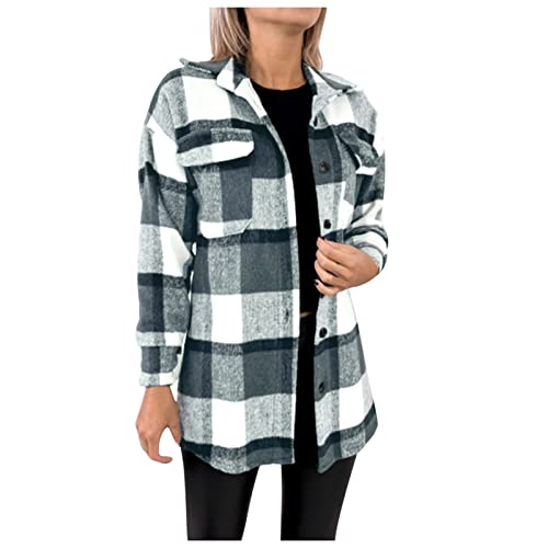 AOGOTO Camisas de franela a cuadros vintage para mujer, mezcla de lana cepillada con botones y botones, Negro, M Cover