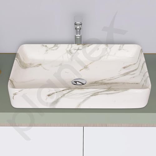 Image of Plantex Wash Basin for Bathroom /Ceramic Tabletop WashBasin /Sink /Basin for Bathroom /Restaurant, Hotel (Marble Finish, 24 x 13 x 5 Inch)