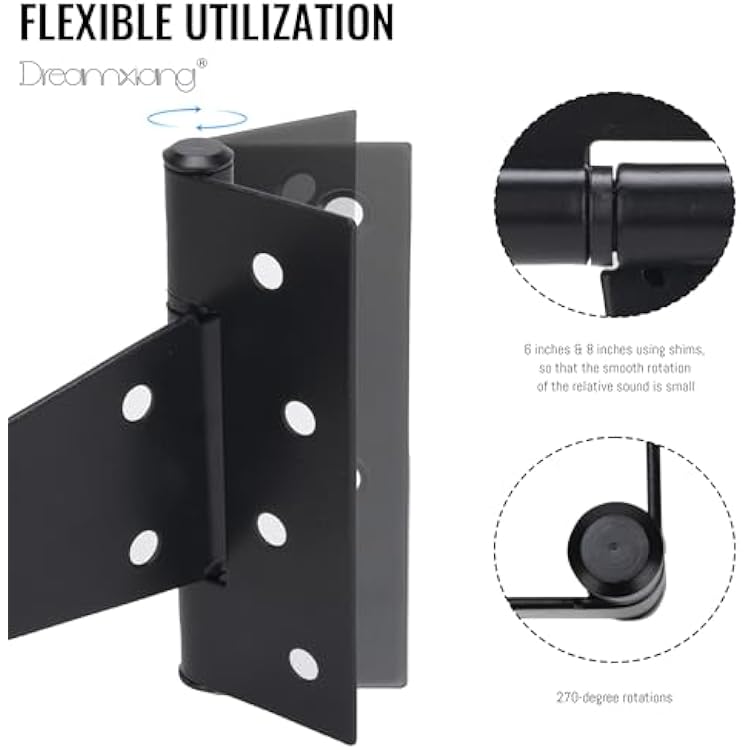 8 Inch T-Strap Gate Hinges, Heavy Duty Shed Barn Door Hinges, Black Tee Hinges for Wooden Fence, Yard Gate, Wrought Hardware Iron Rustproof (6 Pack)
