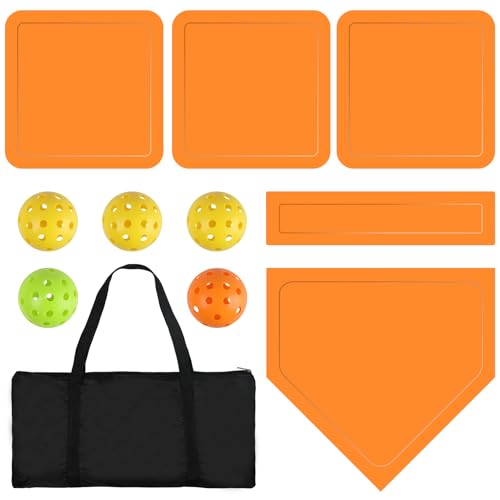 Baseball & Softball 5 Piece Base Set, Orange Rubber Field Bases for Kids & Adults, with 5 Piece Training Balls and Storage Bag, Throw Down Base for Backyard Teeball, School Kickball Practice