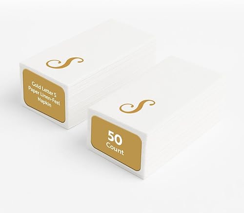 Luxenap 15.8 X 7.9 Inch Linen-Feel Guest Towels, 50 Disposable Striped Hand Towels - Gold Letter 'S', Cursive Font, White Paper Dinner Napkins,
