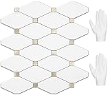 STICKGOO 10 Sheets Peel and Stick Backsplash, Pure White Marble Look PVC Mixed Metal Gold Kitchen Backsplash, Stick on Backsplash Wall Tiles for Kitchen, Bathroom, RV