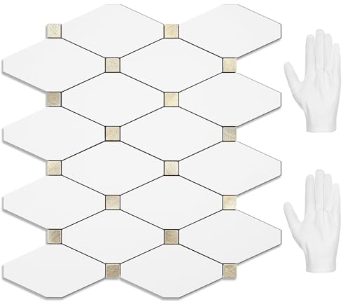 STICKGOO 10 Sheets Peel and Stick Backsplash, Pure White Marble Look PVC Mixed Metal Gold Kitchen Backsplash, Stick on Backsplash Wall Tiles for Kitchen, Bathroom, RV