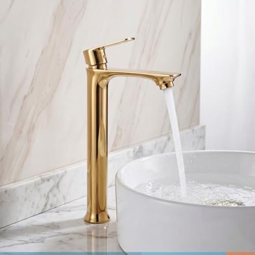 Image of Tapsa Kubix Series Gold Tap | Golden Tap | PVD Coated Tall Pillar Cock Tap /Basin Tap with Long Spout & 12 Inch Tall Body Tall Boy Extended Pillar Tap Faucet