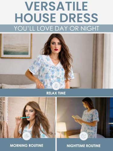 Image of Casual Nights Women's Snap - Front House Dress Short Sleeve Woven Housecoat Duster Lounger Robe with Pockets