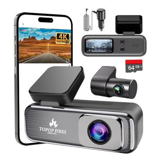TOPOPFIRES 4K Dash Cam Front and Rear Wireless, Dual Lens Dashcams for Cars with WiFi, Night Vision, Parking Monitor, Loop Recording, G-Sensor, 64GB Card Included