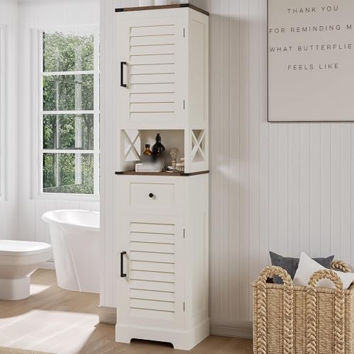 ChooChoo Farmhouse Storage Cabinet, Tall Bathroom Storage Cabinet with Door&Adjustable Shelves, Kitchen Cabinet with Storage, Narrow Linen Cabinet for Living Room, Soft White