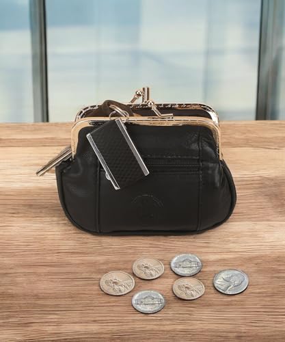 Women's Leather Metal Frame Double Clasp Zipper Coin Purse 5 1/4" x 3 1/4" (Black)4