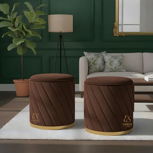 Image of Premium Velvet Ottoman Stool | Modern Round Pouffe with Gold Base | Multipurpose Seating | Living Room & Bedroom Decor (Brown Set of 2)