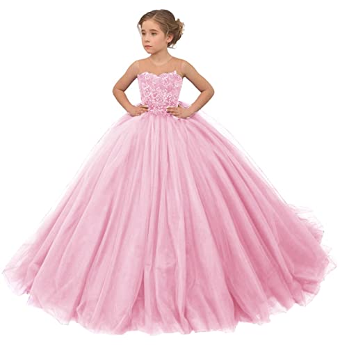 Girls Pageant Dress Beaded Appliques Flower Girl Dresses Tulle Sleeveless Party Ball Gown for Kids