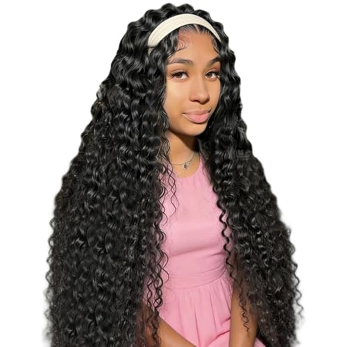 Image of XSY 30 Inch Headband Wig Human Hair Deep Wave Glueless None Lace Front Wigs for Black Women 150% Density Curly Long Headband Wig Natural Color