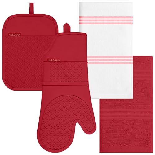 Oven Mitt and Pot Holders Sets, Quilted Cotton Terry Cloth,Non-Slip Pot Holder, Silicone Oven Mitt Heat Resistant, Oven Mittens 7.3