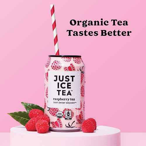 Image of Just Ice Tea, Raspberry Flavored Black Iced Tea, 12-Pack (12oz Cans), USDA Certified Organic, Low Calorie, No Artificial Sweeteners, Fair Trade, Made in USA.