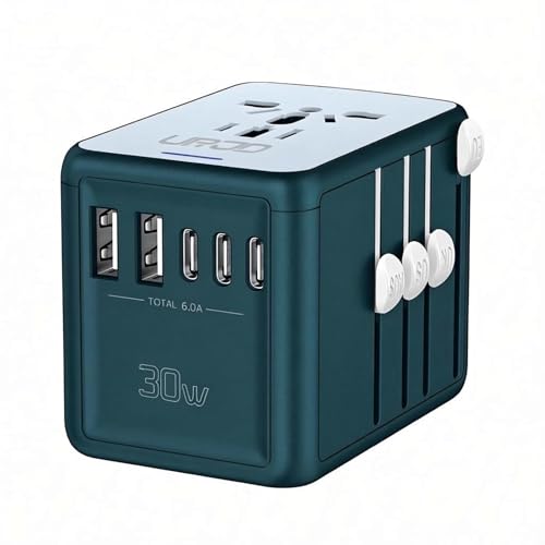 Universal Travel Adapter with 5 USB C/A Ports 30W Fast Charging, 2500W AC Outlet, International Power Adapter for Europe UK Japan, Travel Charger for Phone Laptop, 200+ Countries 10A Safety