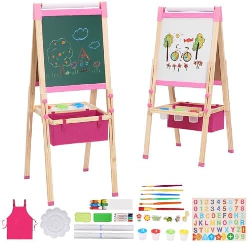 Pink Drawing Board with Carrying case, Children's Wooden Easel with Paper roll, Height-Adjustable Double-Sided Easel for Children, Drawing Board for Children Aged 4 and up (Pink)