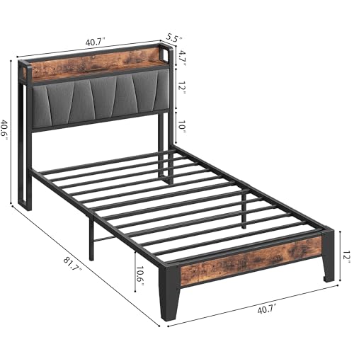 Image of LIKIMIO Twin Bed Frames, Storage Headboard with Charging Station, Solid and Stable, Noise Free, No Box Spring Needed, Easy Assembly