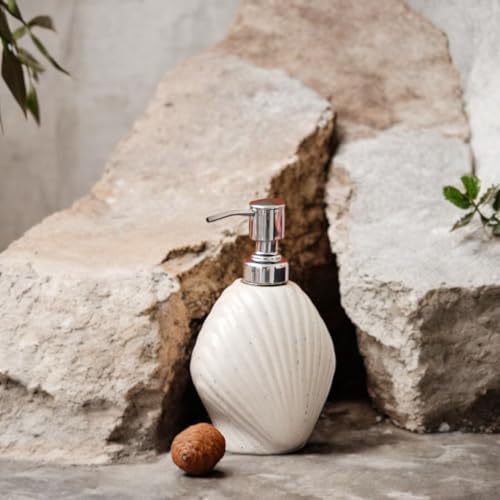 Image of Ceramic Soap Dispenser 330ml (Set of 1) | Multipurpose Lotion, Hand Wash & Liquid Soap Pump Bottle for Bathroom & Kitchen | White Shell Design