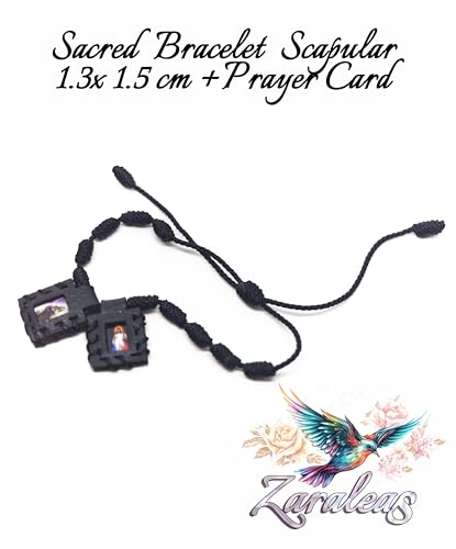 Zaraleas Catholic Scapular Bracelet - Black Leather, Handmade with Sacred Heart of Jesus, Virgin of Carmen, Guadalupe & St. Michael Archangel. 1.3cm x 1.5cm4