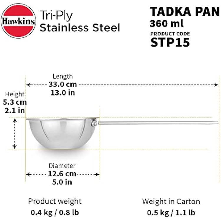 Hawkins 1.5 Cup Tadka Pan, 360 ml Triply Stainless Steel Pan, Induction Pan, Silver (STP15)