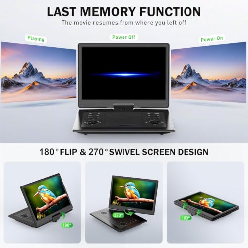 Image of 17.3 inch Portable DVD Player with Bluetooth Hadphones and Carrying Bag,15.4 inch Wide-Viewing-Angle HD Screen,6-Hours Rechargeable Battery,Car DVD Player for Kids,Support Bluetooth /HDMI in /AV /CD /VCD /DVD /USB