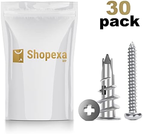 Shopexa |Pack of 30| Metal Plasterboard Fixings Heavy Duty| Wall Plugs Anchors with Screws| Self Drilling Rawl Plugs| Thread Lock Screws| Hooks with Firm Grip for Plasterboard