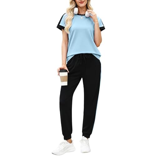 Marvmys Women's 2 Piece Outfits 2026 Summer Short Sleeve Color Block Tracksuit Sets Jogger Lounge Set for Travel