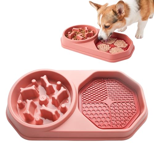 AdoPet Slow Feeder Dog Bowl with Silicone Lick Mat, Non-Slip Dual Feeding Station for Dogs, Slow Eating Bowl to Help Reduce Fast Eating, Removable Lick Pad (Red)
