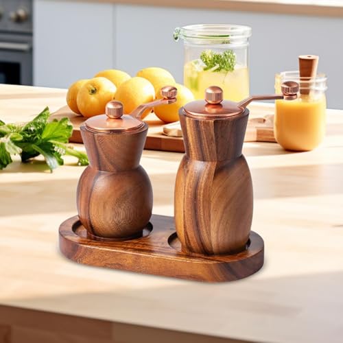 kowaku 2 Pieces Salt and Pepper Mill Set, Grinders Set, Retro Style Wooden Pepper Shaker Set, Sea Salt Grinder Refillable with Tray, Acacia Wood Mill and Crank Handle, Fresh Ground for Pepper Spices - Image 7