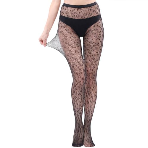 Dohia Leopard Patterned Fishnet Women's Patterned Tights Stockings Fishnet Sheertex Tights Black Stockings Pantyhose for Halloween Cosplay Party ST1-BWWW