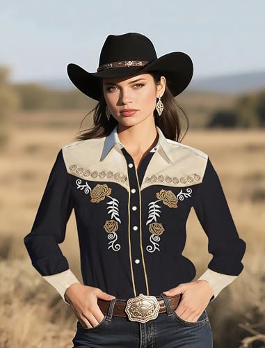 Women's Embroidered Western Cowgirl Snap Button Down Shirt with Stretch Long Sleeve Loose Blouse3