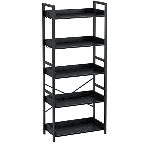 Rolanstar Bookshelf 5 Tier with 4 Hooks, Industrial Wood Bookcase...