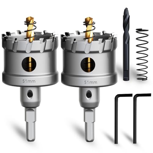 METOTY 51mm 2PCS Carbide Hole Saw Set,Heavy Duty Tungsten Carbide Tipped Hole Cutters Set with a nitrided Step Drill and L-flench, for Steel Iron,Aluminum,Stainless stell,Plastic​