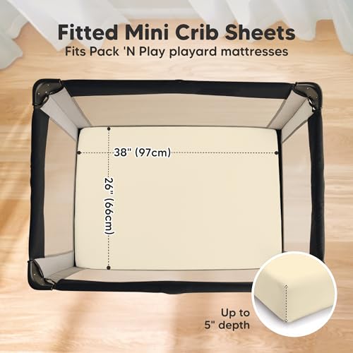 Image of 2 Pack and Play Sheets, Waterproof Mini Crib Sheets Fitted - 38x26 Organic Cotton Pack N Play Sheets for Graco Pack and Play Mattress, Playard Baby Crib Sheets, Neutral for Boy, Girl, Toddler (Latte)