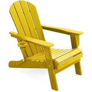 LOUNZY Folding Adirondack Chair with Cup Holder, HDPE All-Weather Folding Patio Chair, Outdoor Patio Adirondack Chair for Lawn Porch Garden Backyard Deck Fire Pit, Yellow Set of 1 Yellow