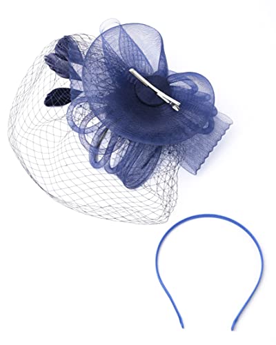 Zivyes Women's Navy Fascinators Veil Headband Tea Party Hat Derby Hair Clip Kentucky Race Headwear For Wedding Cocktail #TOP6