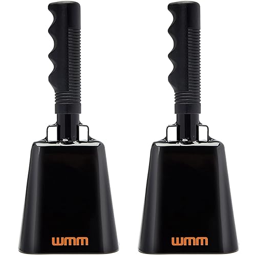 WMM 10 Inch Cow Bells Noise Makers Cowbells for Sporting Event Cheering Bell for Football Games Large Steel Cowbell with Handle Solid School Bells Call Bell (2-Pack Black)