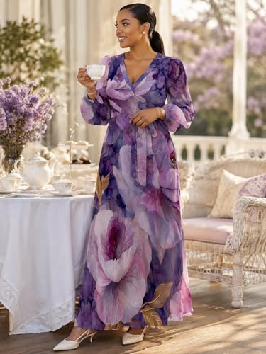 Image of PinkPatty Plus Size Dresses for Curvy Women V Neck Flowy Long Sleeves Wrap Maxi Dress Travel Vacation Outfits