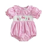 YolanerBaby Baby Girl Easter Outfit Bunny Embroidery Bubble Romper Ruffle Short Sleeve Plaid Bodysuit Smocked Baby Clothes (Pink,12-18 Months)