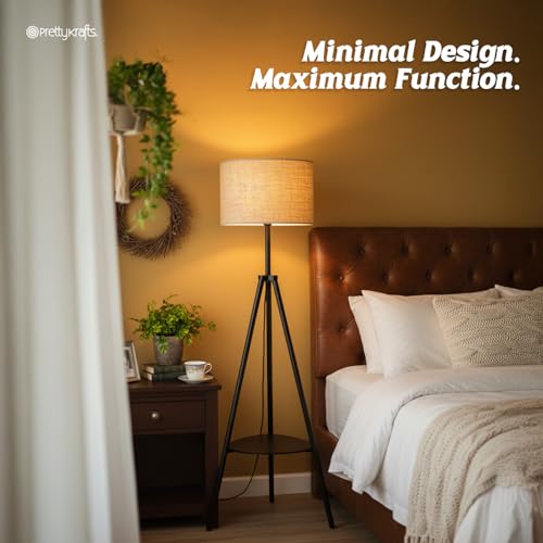 Image of PrettyKrafts Natural Floor Lamp with Shelf (Bulb Not Included) | Wooden Standing Lamp with Decorative Shelf | Modern Decorative Floor Light for Living Room, Bedroom & Study | Size 30 x 30 x 140 cm