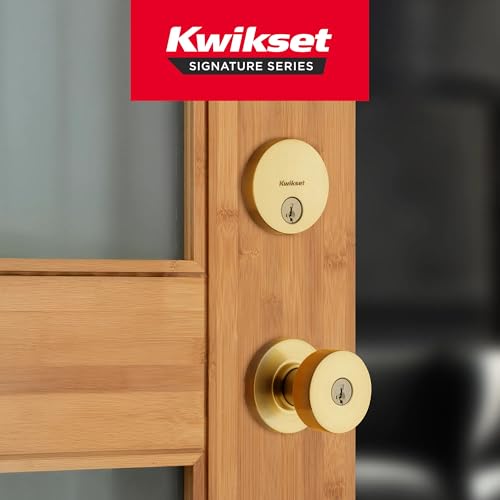 Image of Kwikset Pismo Round Front Door Lock Handle and Deadbolt Set, Entry Exterior with Interior Door Knob, Satin Brass, Project Pack, Pick Resistant SmartKey Rekey Deadbolt Security