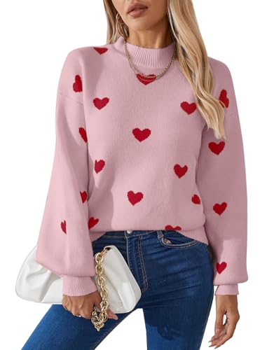 Image of Women's Long Sleeve Mock Neck Sweaters Loose Cute Heart Pullover Sweater